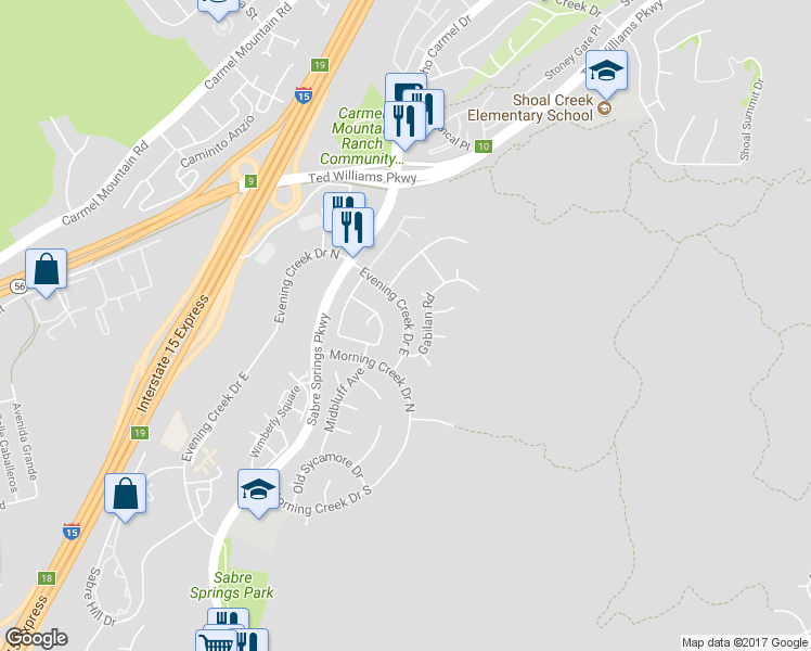 map of restaurants, bars, coffee shops, grocery stores, and more near 11065 Evening Creek Drive in San Diego