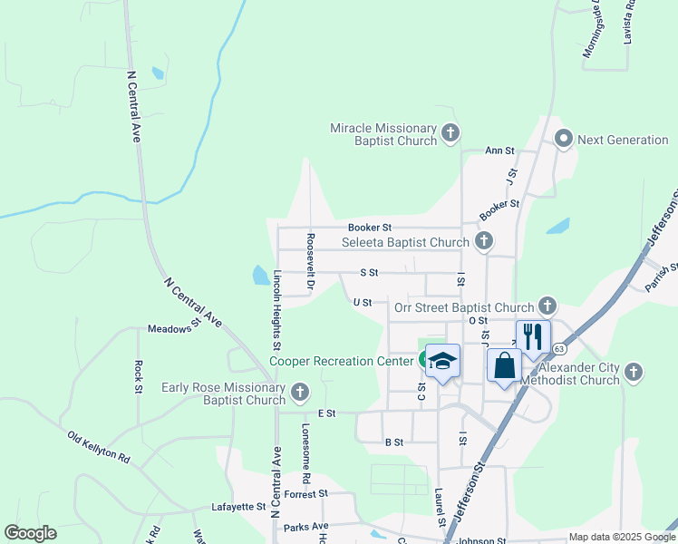 map of restaurants, bars, coffee shops, grocery stores, and more near 210 S Street in Alexander City