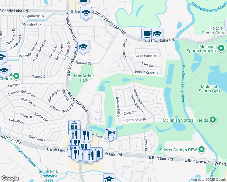 map of restaurants, bars, coffee shops, grocery stores, and more near 409 Beacon Hill Drive in Coppell
