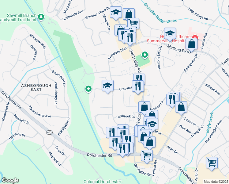 map of restaurants, bars, coffee shops, grocery stores, and more near 503 Travelers Boulevard in Summerville