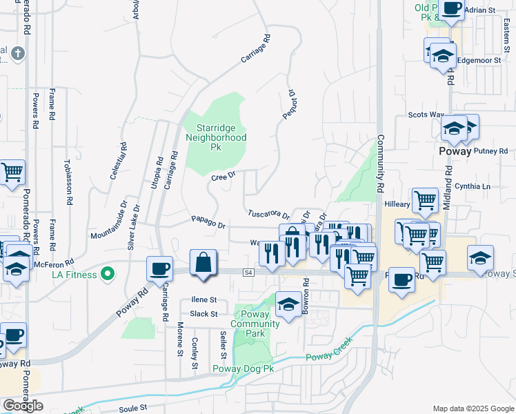 map of restaurants, bars, coffee shops, grocery stores, and more near 13050 Tuscarora Drive in Poway