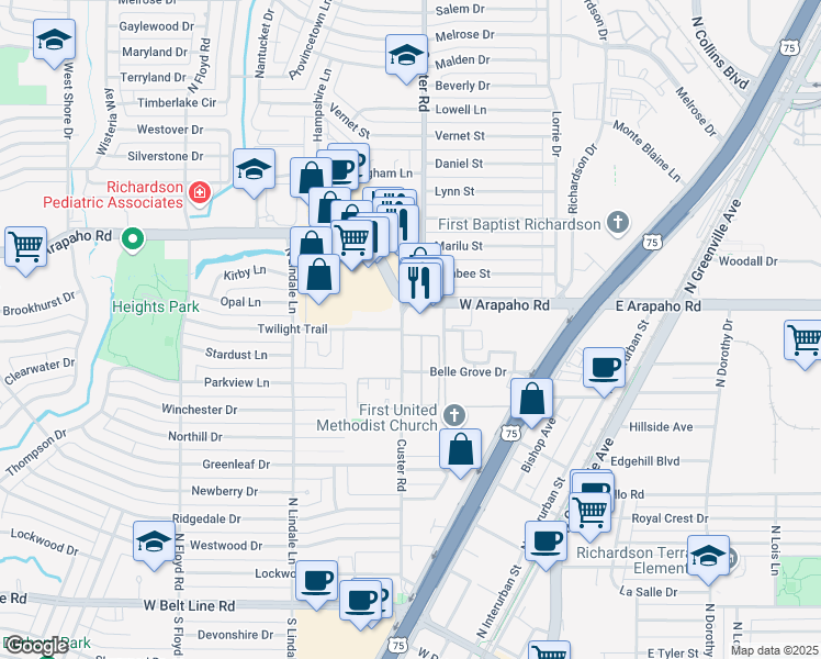 map of restaurants, bars, coffee shops, grocery stores, and more near 900 Custer Road in Richardson
