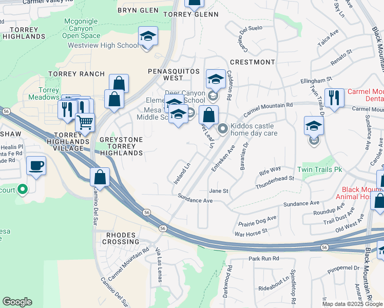 map of restaurants, bars, coffee shops, grocery stores, and more near 13226 Ireland Lane in San Diego