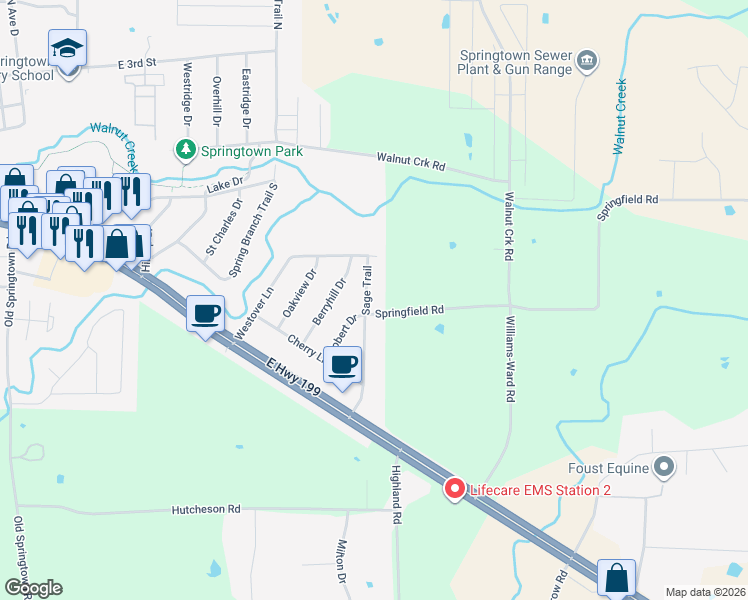 map of restaurants, bars, coffee shops, grocery stores, and more near 325 Sage Trail in Springtown