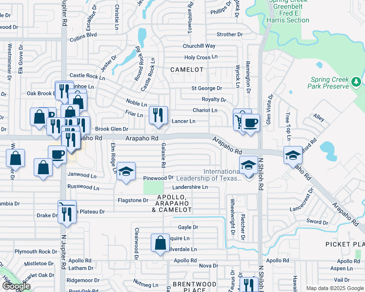 map of restaurants, bars, coffee shops, grocery stores, and more near 2825 Ripplewood Drive in Garland