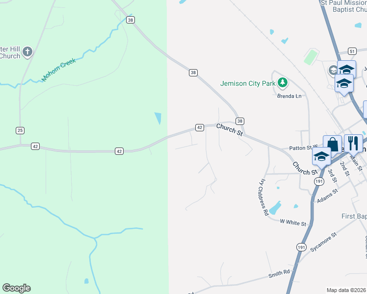 map of restaurants, bars, coffee shops, grocery stores, and more near 100 Pecan Circle in Jemison