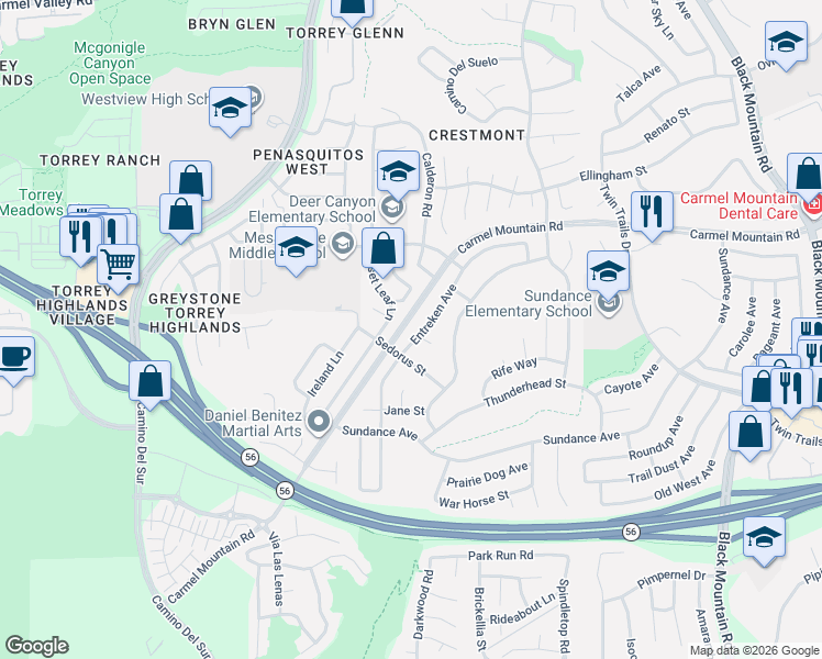 map of restaurants, bars, coffee shops, grocery stores, and more near 13218 Entreken Avenue in San Diego