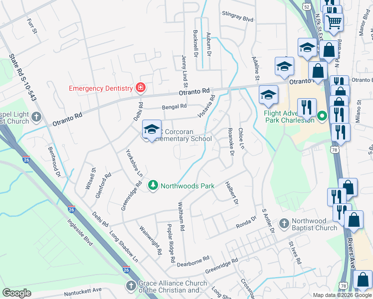 map of restaurants, bars, coffee shops, grocery stores, and more near 8544 Brookforest Drive in North Charleston