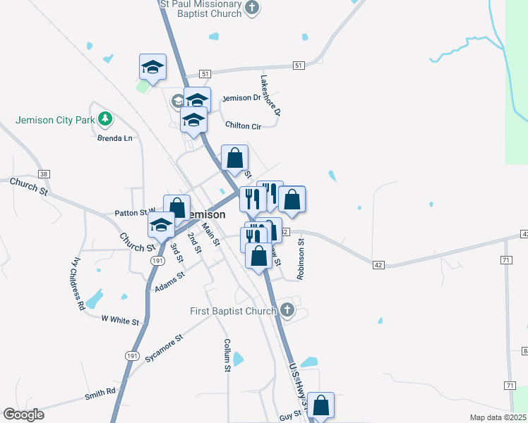 map of restaurants, bars, coffee shops, grocery stores, and more near in Jemison