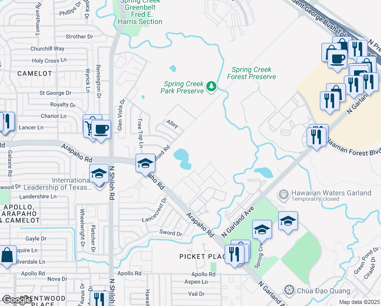 map of restaurants, bars, coffee shops, grocery stores, and more near 2101 Glen Heights Drive in Garland