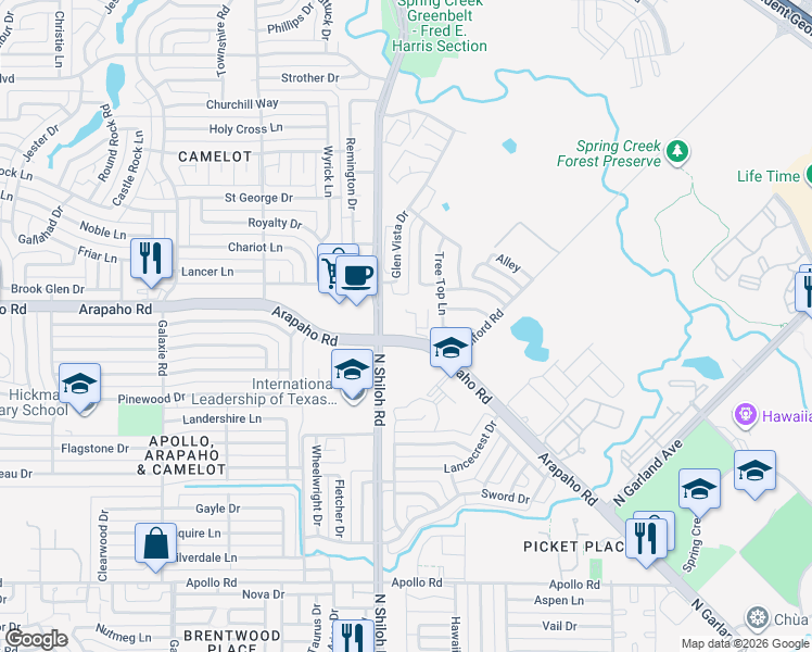 map of restaurants, bars, coffee shops, grocery stores, and more near 2420 Arapaho Road in Garland