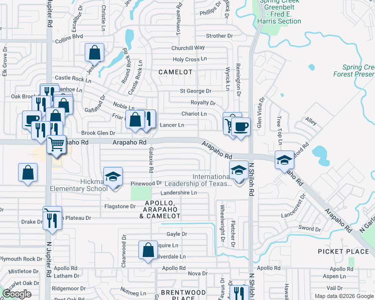 map of restaurants, bars, coffee shops, grocery stores, and more near 2733 Ripplewood Drive in Garland