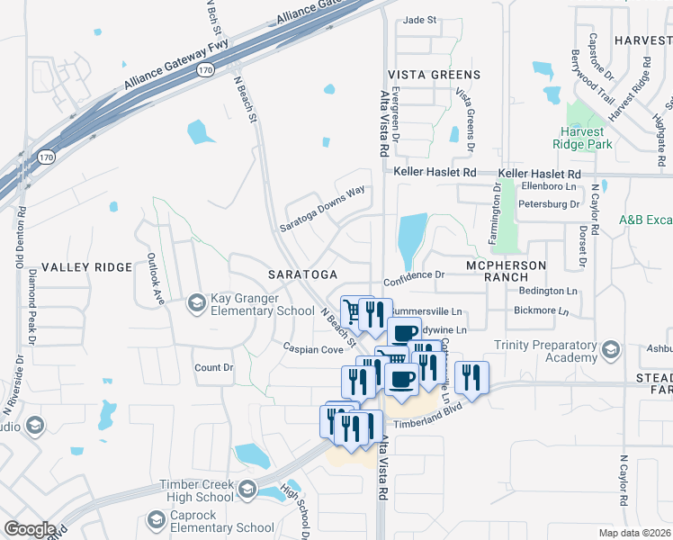 map of restaurants, bars, coffee shops, grocery stores, and more near 12808 Gallant Court in Fort Worth