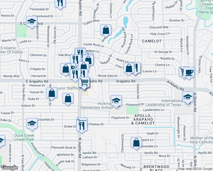 map of restaurants, bars, coffee shops, grocery stores, and more near 3137 Ripplewood Drive in Garland