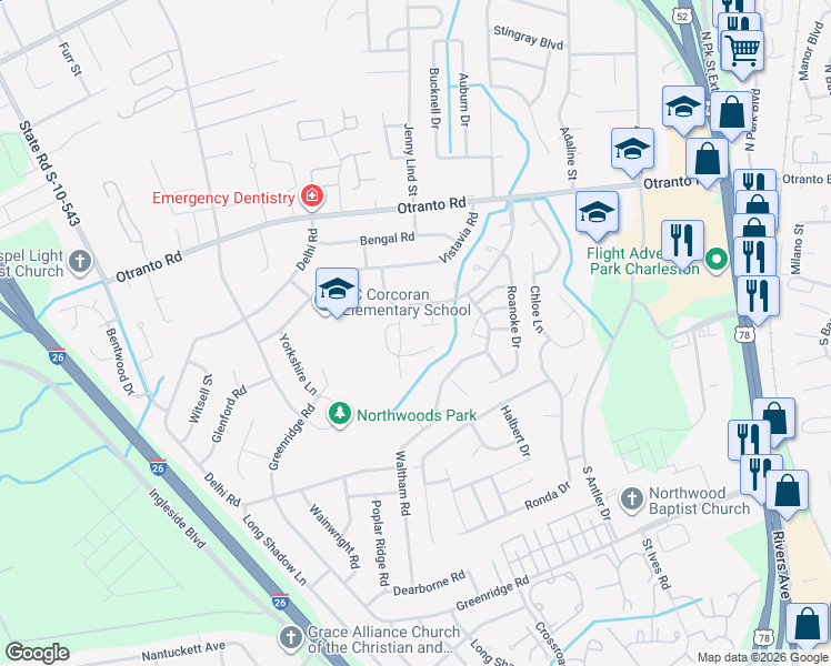 map of restaurants, bars, coffee shops, grocery stores, and more near 8544 Brookforest Drive in North Charleston
