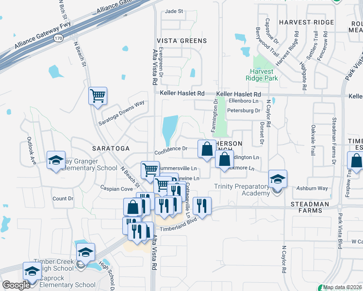 map of restaurants, bars, coffee shops, grocery stores, and more near 3740 Confidence Drive in Fort Worth