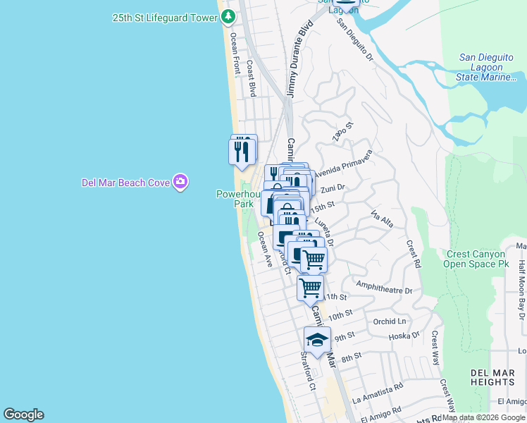 map of restaurants, bars, coffee shops, grocery stores, and more near 110 15th Street in Del Mar