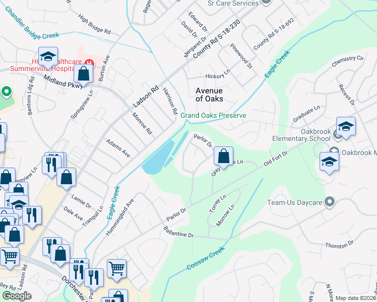 map of restaurants, bars, coffee shops, grocery stores, and more near 9026 Parlor Drive in Ladson