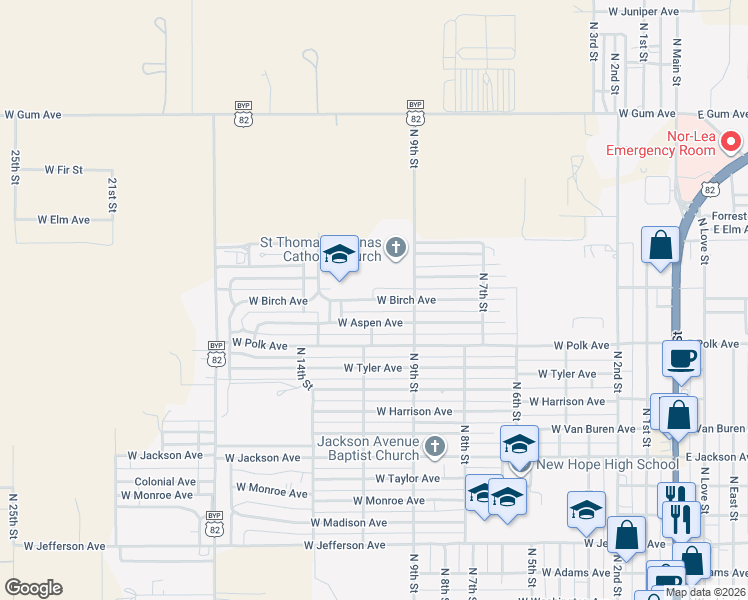 map of restaurants, bars, coffee shops, grocery stores, and more near 1100 West Birch Avenue in Lovington