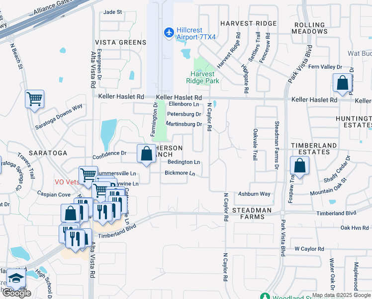 map of restaurants, bars, coffee shops, grocery stores, and more near 4029 Bedington Lane in Fort Worth