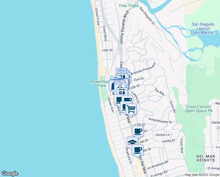 map of restaurants, bars, coffee shops, grocery stores, and more near in Del Mar
