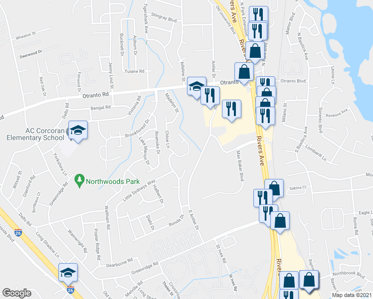 map of restaurants, bars, coffee shops, grocery stores, and more near 8536 Chloe Lane in North Charleston