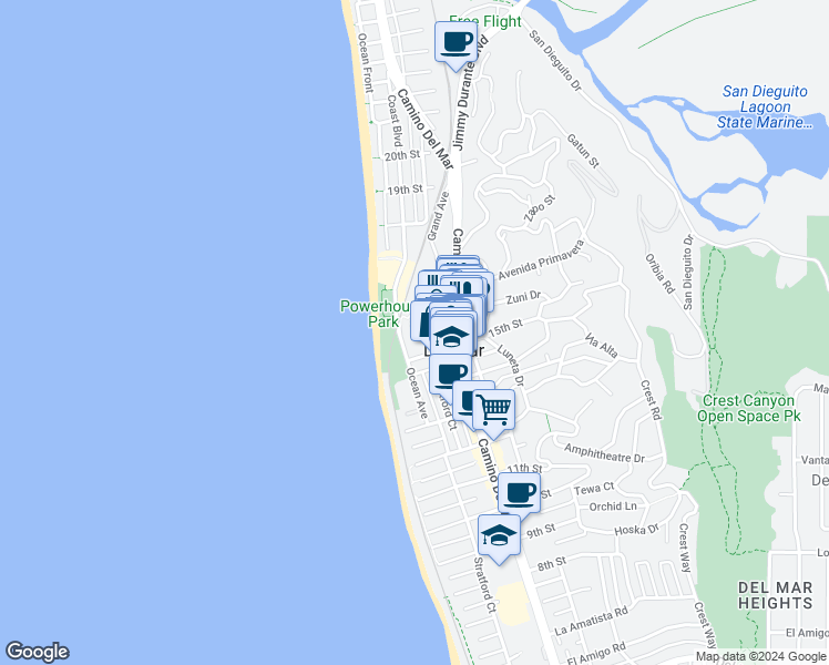 map of restaurants, bars, coffee shops, grocery stores, and more near in Del Mar