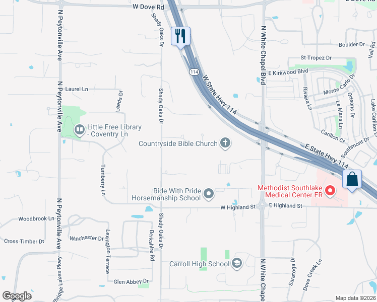 map of restaurants, bars, coffee shops, grocery stores, and more near 1391 Shady Oaks Drive in Southlake