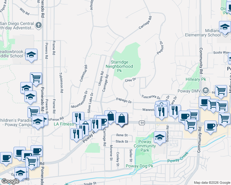 map of restaurants, bars, coffee shops, grocery stores, and more near 13427 Starridge Street in Poway