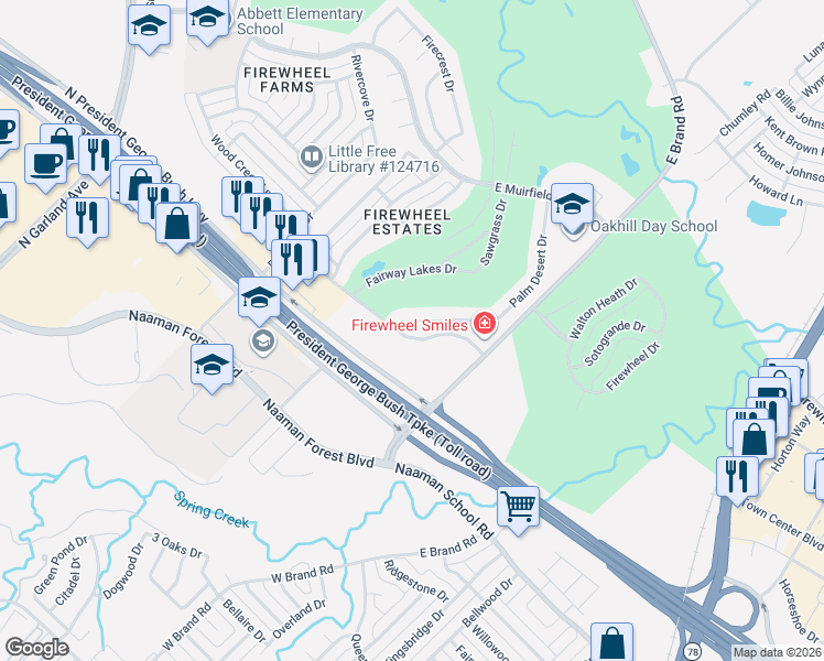 map of restaurants, bars, coffee shops, grocery stores, and more near 510 Palm Desert Drive in Garland