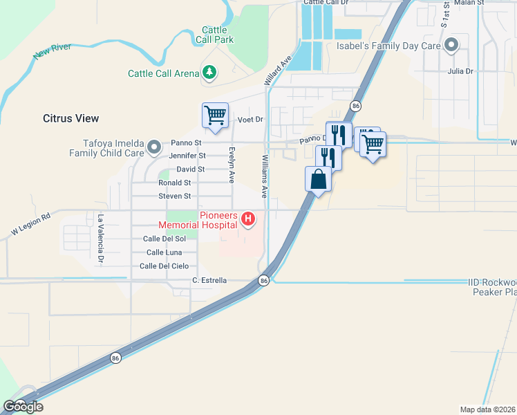 map of restaurants, bars, coffee shops, grocery stores, and more near 207-259 West Legion Road in Brawley