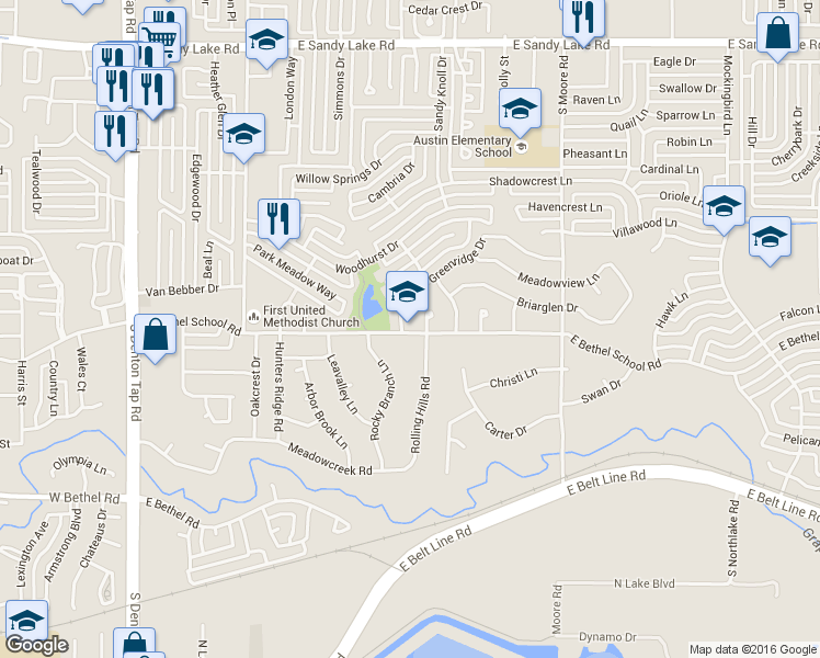 map of restaurants, bars, coffee shops, grocery stores, and more near 501 Rolling Hills Road in Coppell