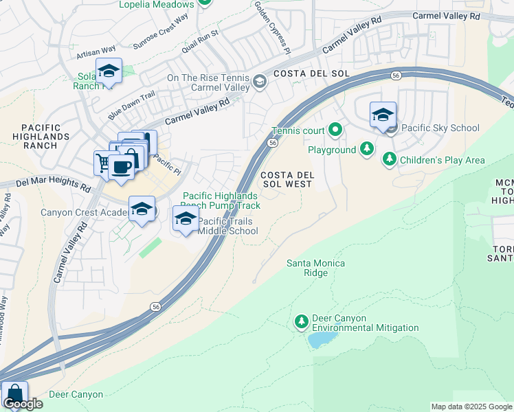 map of restaurants, bars, coffee shops, grocery stores, and more near 13233 Petunia Way in San Diego