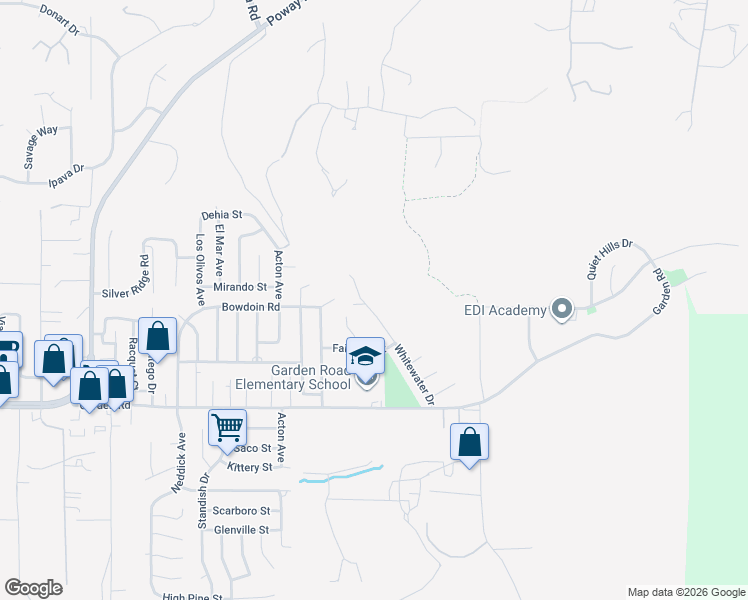 map of restaurants, bars, coffee shops, grocery stores, and more near 13521 Whitewater Drive in Poway