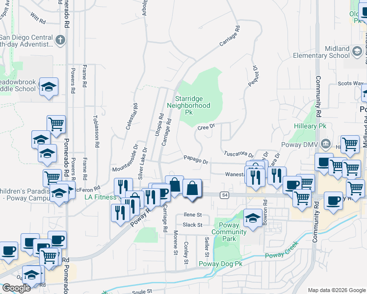 map of restaurants, bars, coffee shops, grocery stores, and more near 13427 Starridge Street in Poway