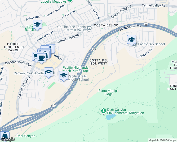 map of restaurants, bars, coffee shops, grocery stores, and more near 13233 Petunia Way in San Diego