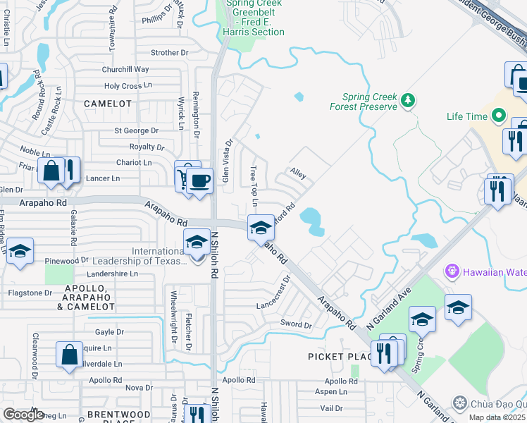 map of restaurants, bars, coffee shops, grocery stores, and more near 2246 Walnut Grove Lane in Garland