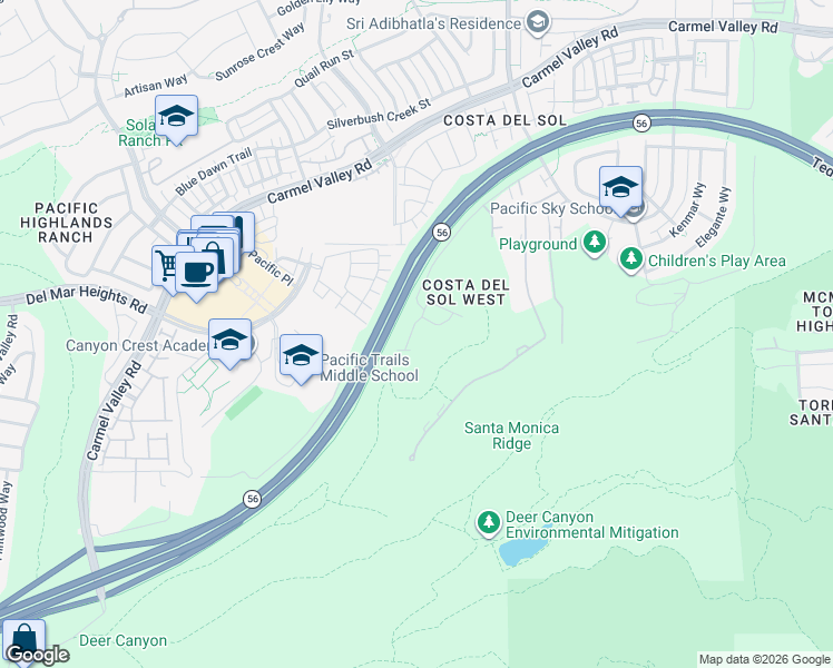 map of restaurants, bars, coffee shops, grocery stores, and more near 13233 Petunia Way in San Diego