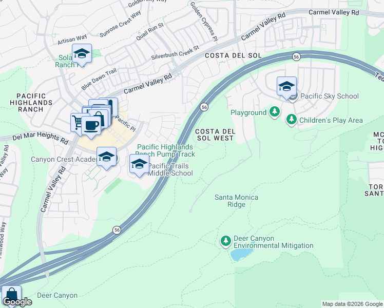 map of restaurants, bars, coffee shops, grocery stores, and more near 6335 Peach Way in San Diego