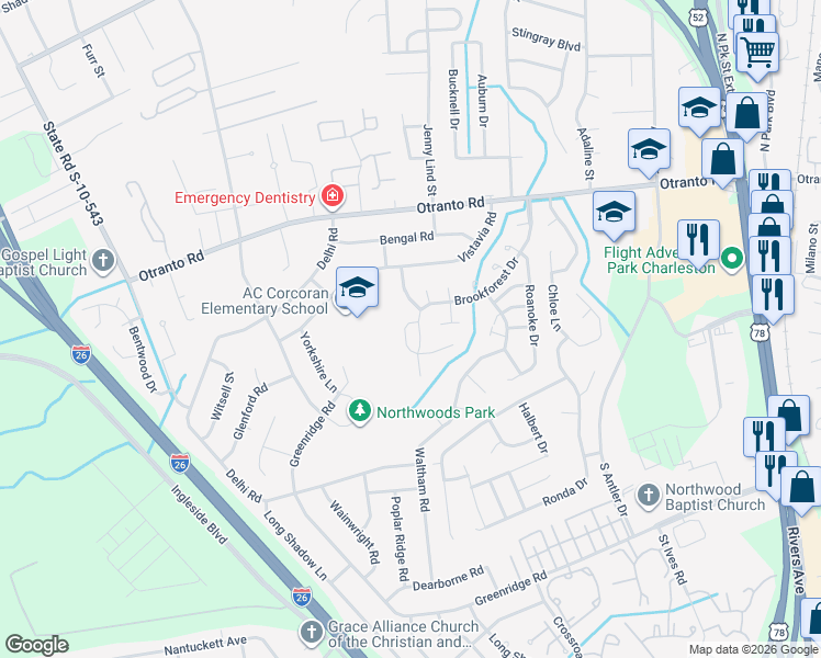 map of restaurants, bars, coffee shops, grocery stores, and more near 8544 Brookforest Drive in North Charleston