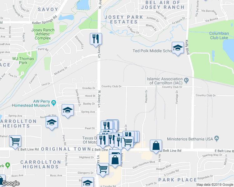 map of restaurants, bars, coffee shops, grocery stores, and more near 1705 Metrocrest Drive in Carrollton
