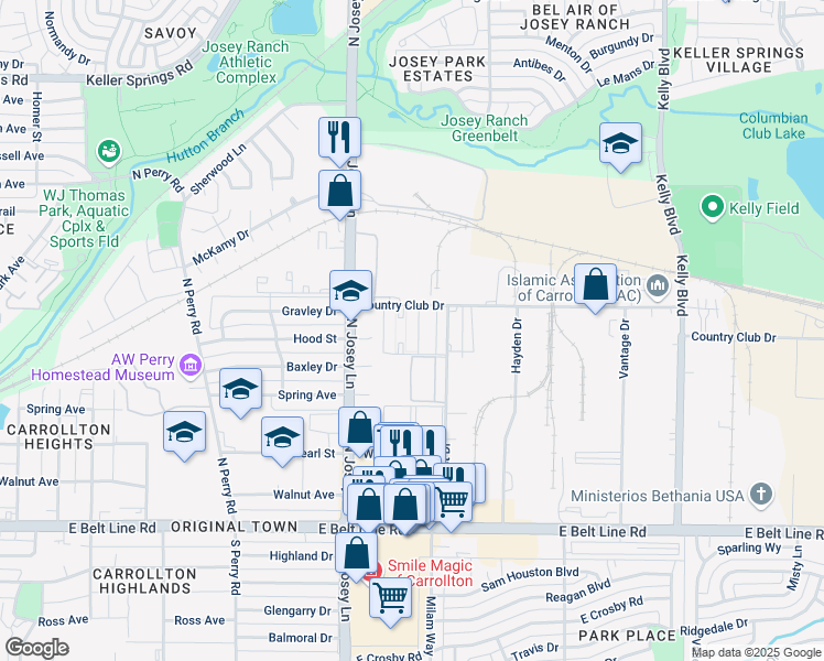 map of restaurants, bars, coffee shops, grocery stores, and more near 1705 Metrocrest Drive in Carrollton