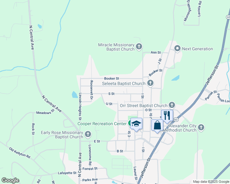 map of restaurants, bars, coffee shops, grocery stores, and more near 210-454 S Street in Alexander City