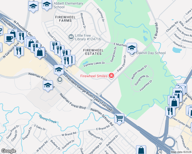 map of restaurants, bars, coffee shops, grocery stores, and more near 510 Palm Desert Drive in Garland
