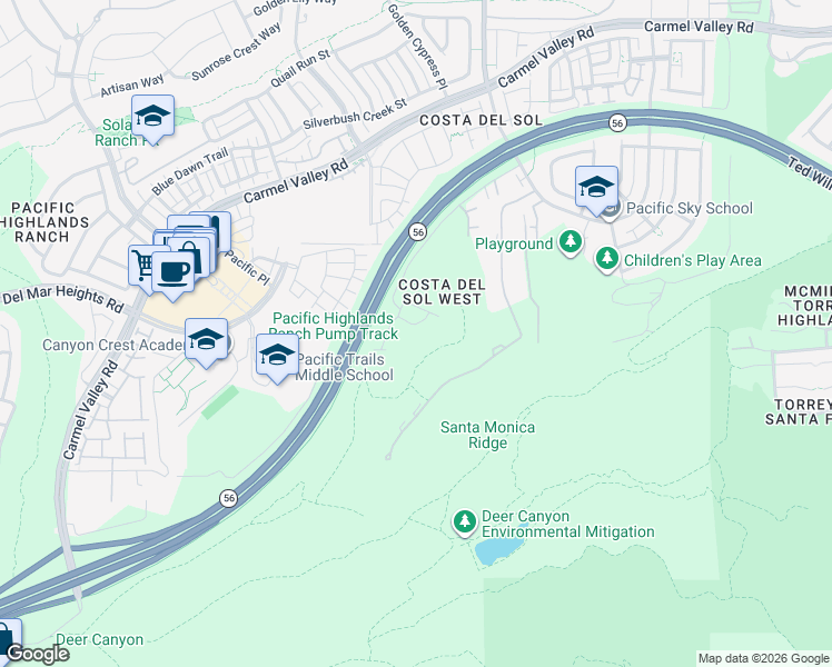 map of restaurants, bars, coffee shops, grocery stores, and more near 6335 Peach Way in San Diego