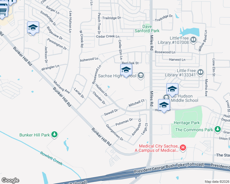 map of restaurants, bars, coffee shops, grocery stores, and more near 3708 Hudson Drive in Sachse