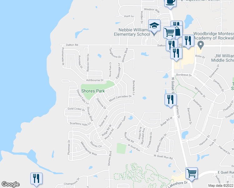 map of restaurants, bars, coffee shops, grocery stores, and more near 2041 Ashbourne Drive in Rockwall