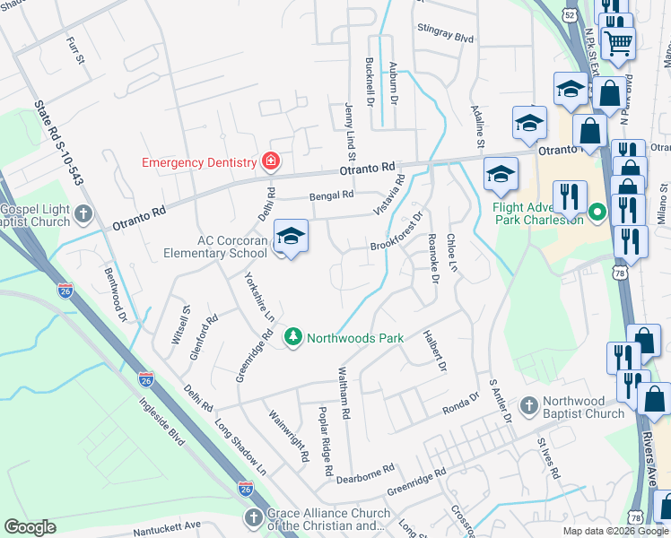 map of restaurants, bars, coffee shops, grocery stores, and more near 8544 Brookforest Drive in North Charleston
