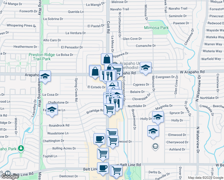 map of restaurants, bars, coffee shops, grocery stores, and more near 670 North Coit Road in Richardson