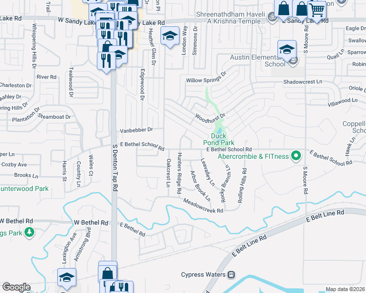 map of restaurants, bars, coffee shops, grocery stores, and more near 308 Briarcove Lane in Coppell